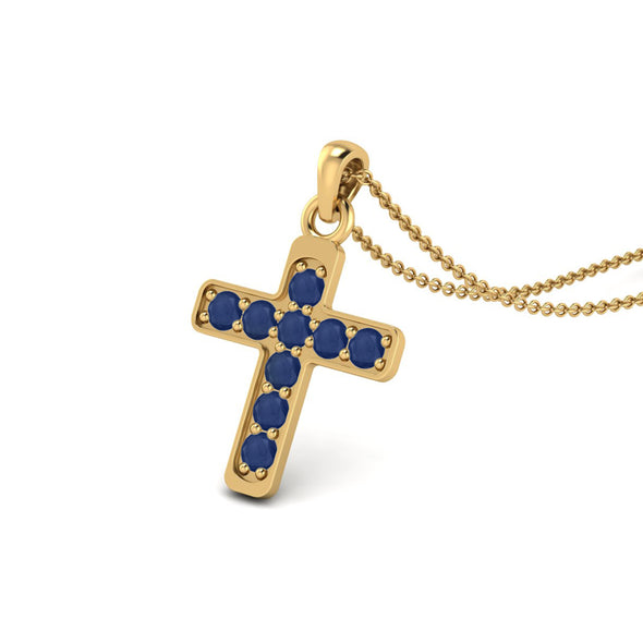 Round Shaped Blue Sapphire Wedding Pendant 9k Yellow Gold Holy Cross Pendant Necklace