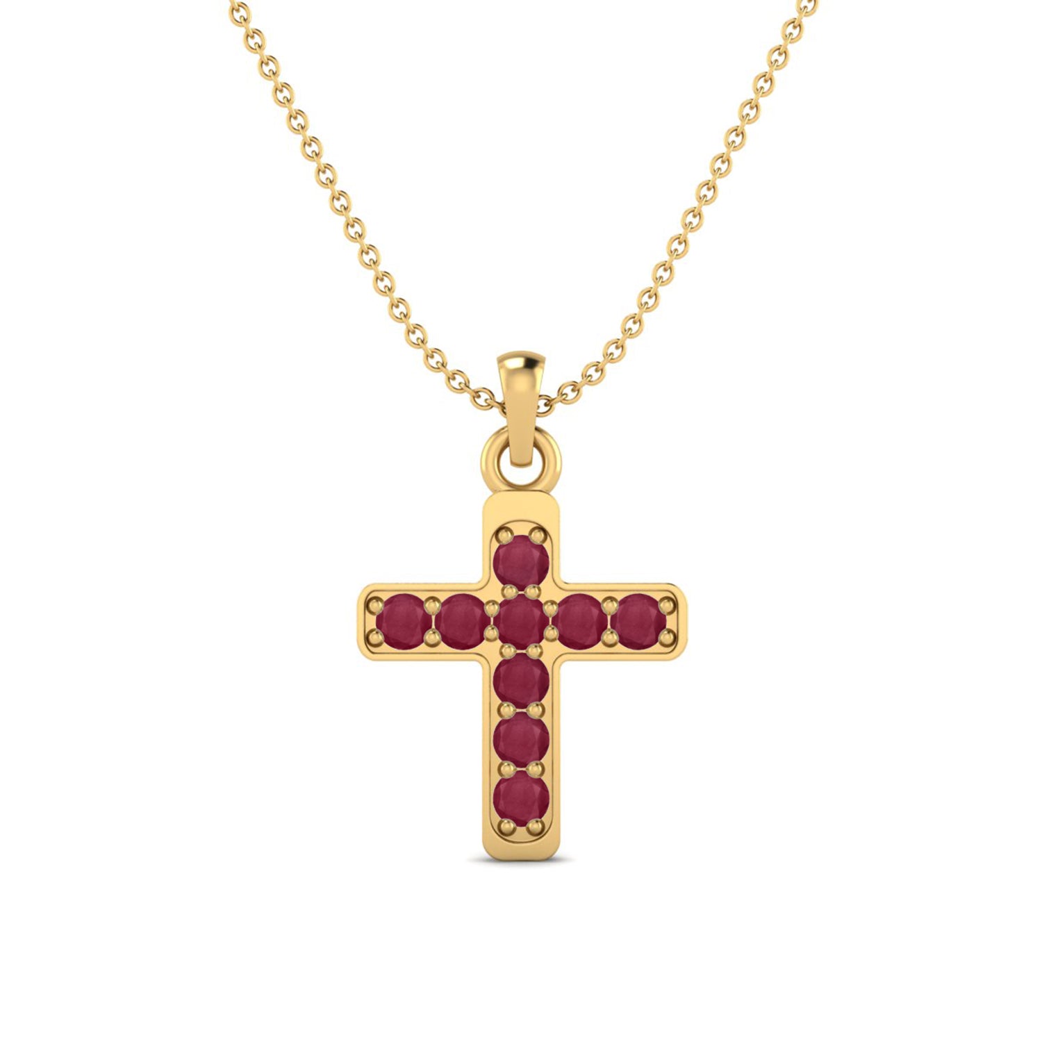 Ruby 1.35 Ct Round Classic Cross Faith Necklace - 14k Fine Yellow Gold