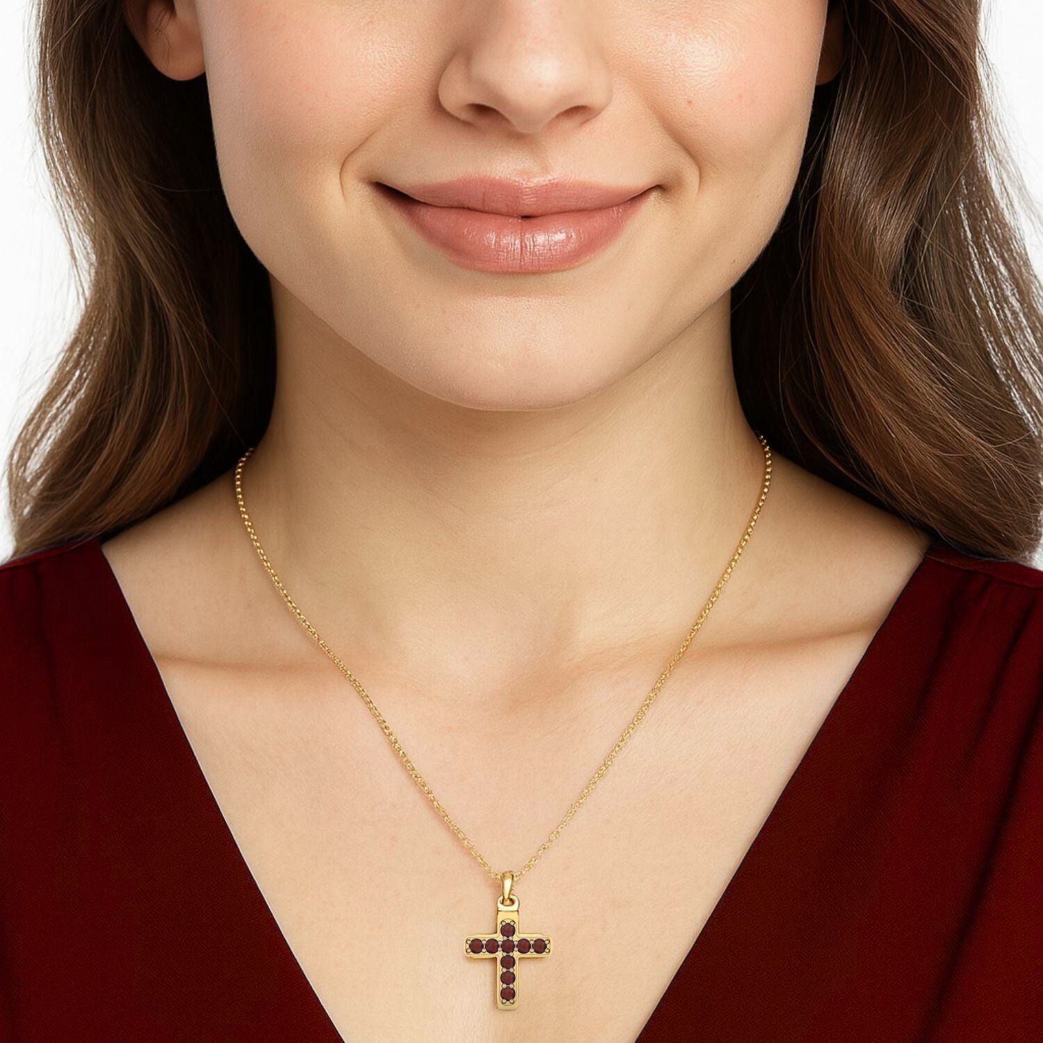 Ruby 1.35 Ct Round Classic Cross Faith Necklace - 14k Fine Yellow Gold