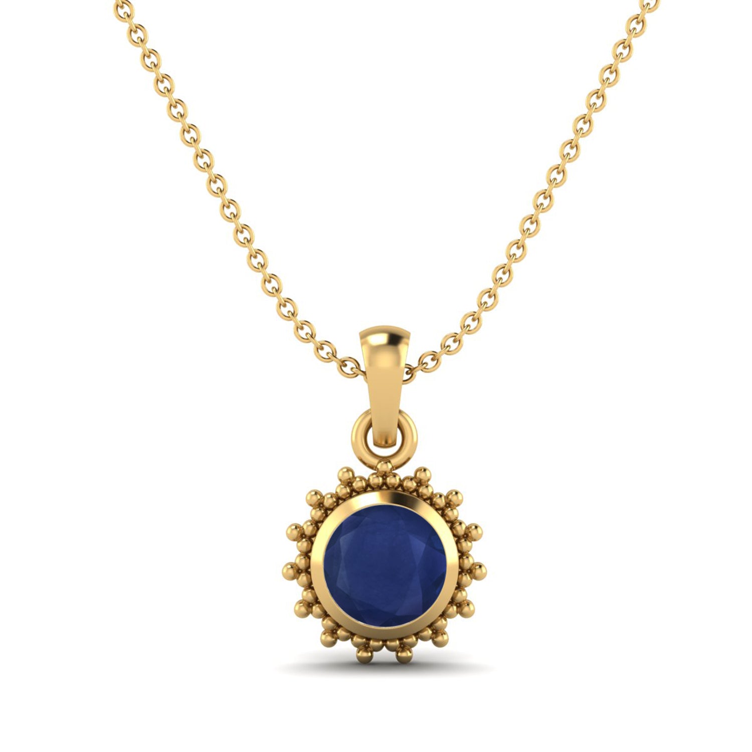 Blue Sapphire Round 1.20 Ct Vintage Beaded Halo Design Pendant -14k Yellow Gold