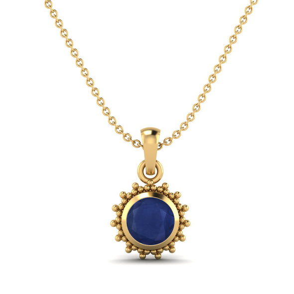 Round Shaped Blue Sapphire 9k Yellow Gold Wedding Necklace For Women Chain Pendant