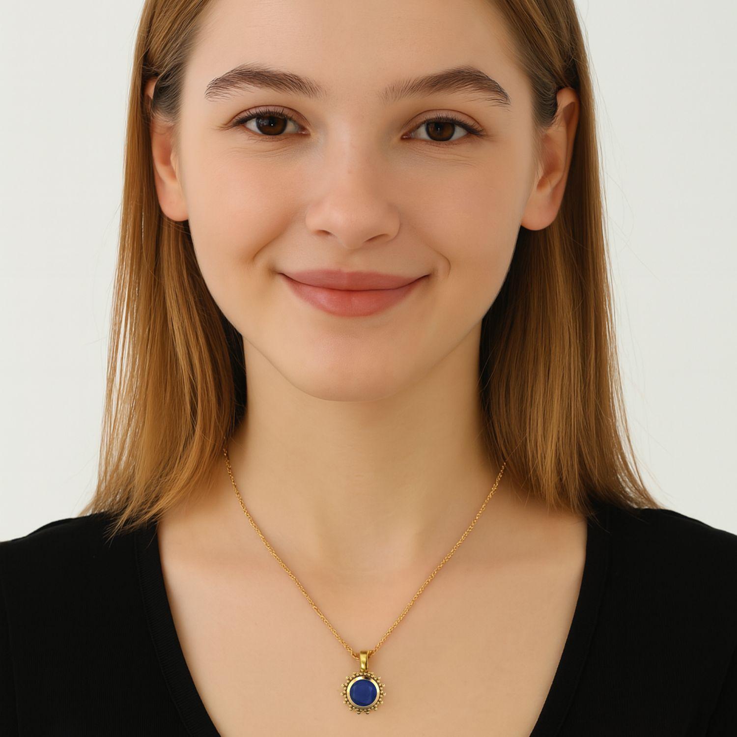 Blue Sapphire Round 1.20 Ct Vintage Beaded Halo Design Pendant -14k Yellow Gold