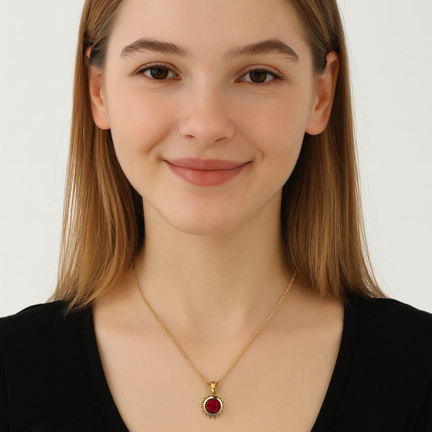 Ruby 0.75 Ct Round Vintage Beaded Halo Necklace – 14k Yellow Gold