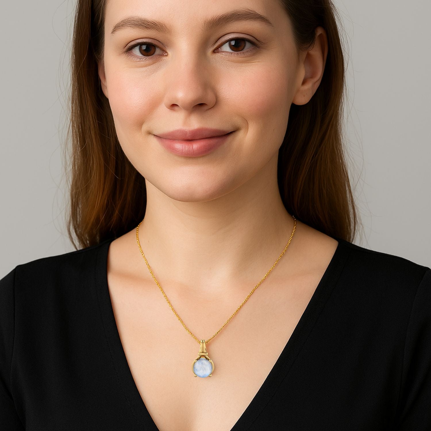 Moonstone 0.75 Ct Round Classic Solitaire Necklace – 14K Yellow Gold