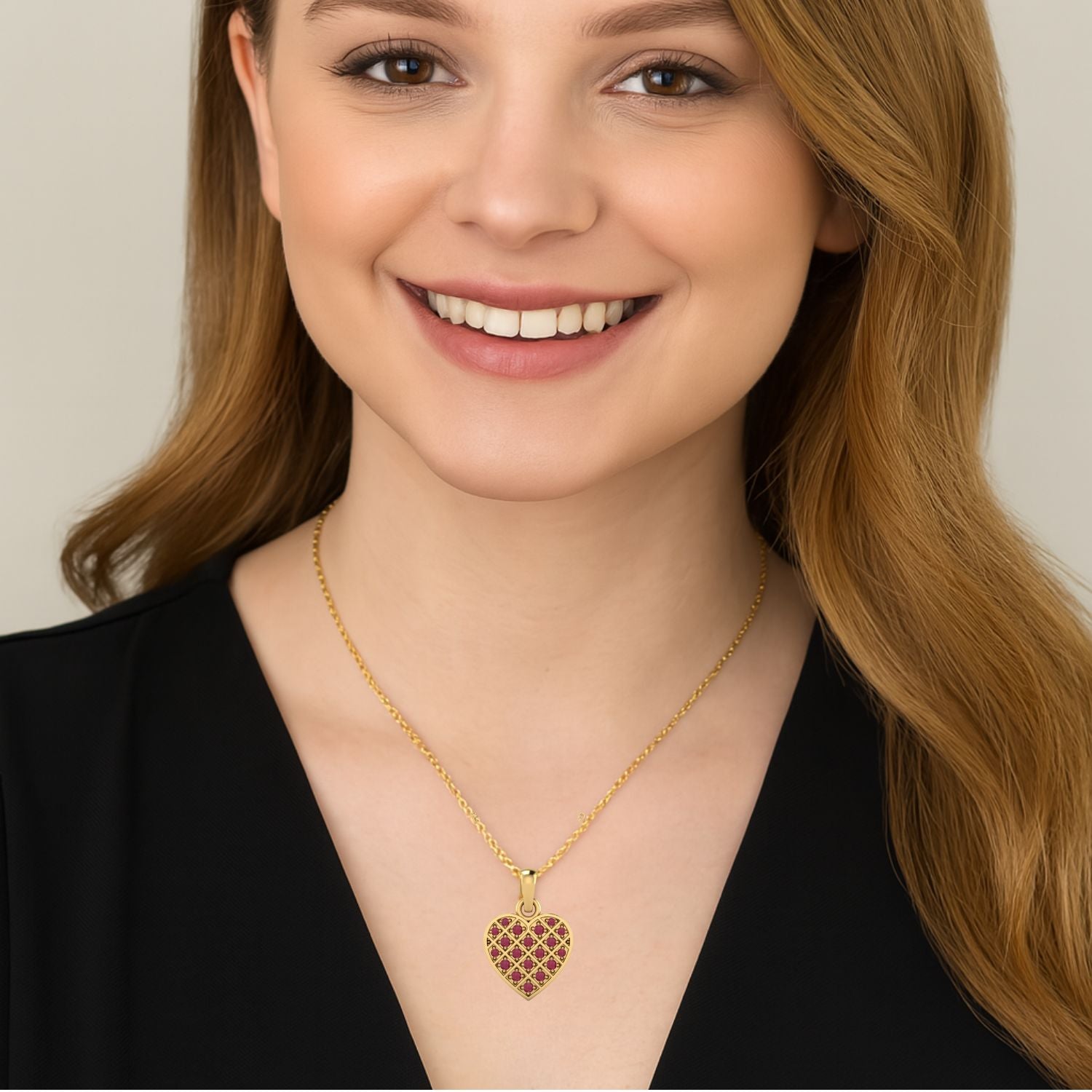 Ruby 2.85 Ct Heart Lattice Cluster Necklace - 14k Yellow Gold