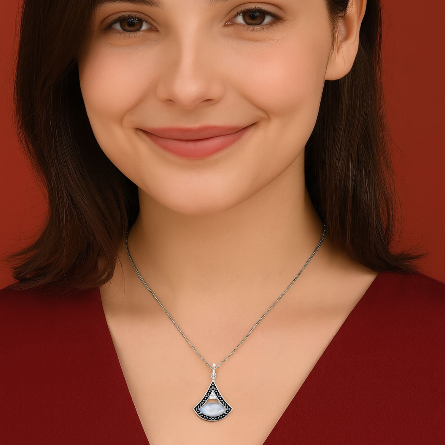 Moonstone Marquise Black Enamel Pendant - Sterling Silver