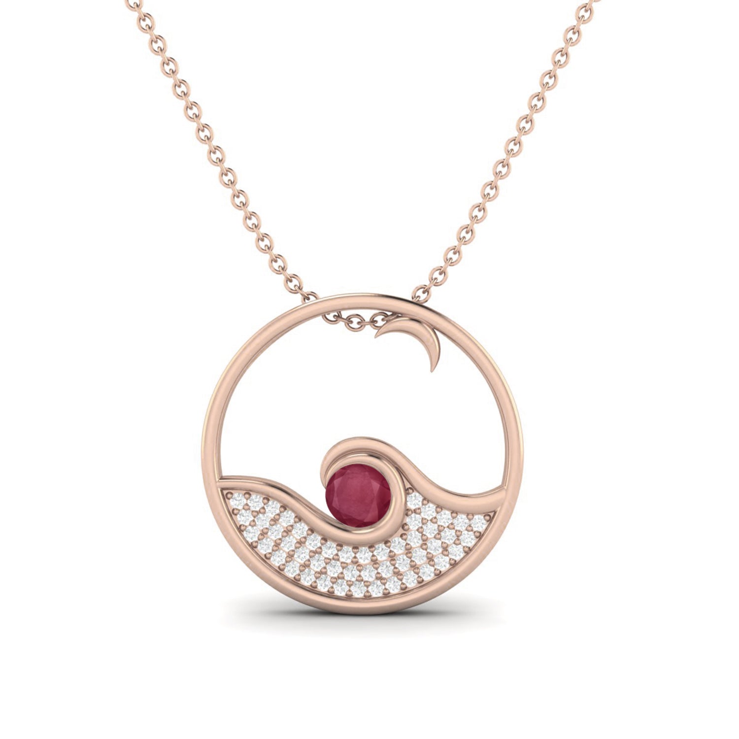 Ruby 0.25 Ct Round Ocean Wave Circle Necklace – 14k Yellow Gold