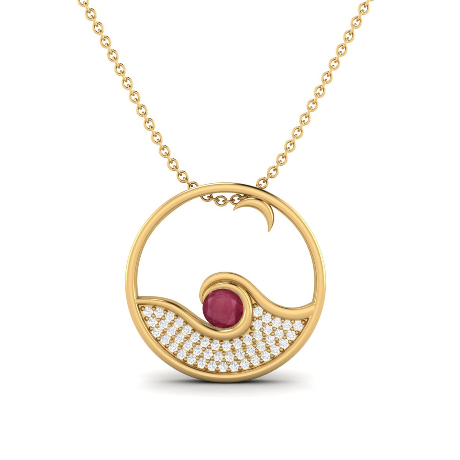 Ruby 0.25 Ct Round Ocean Wave Circle Necklace – 14k Yellow Gold