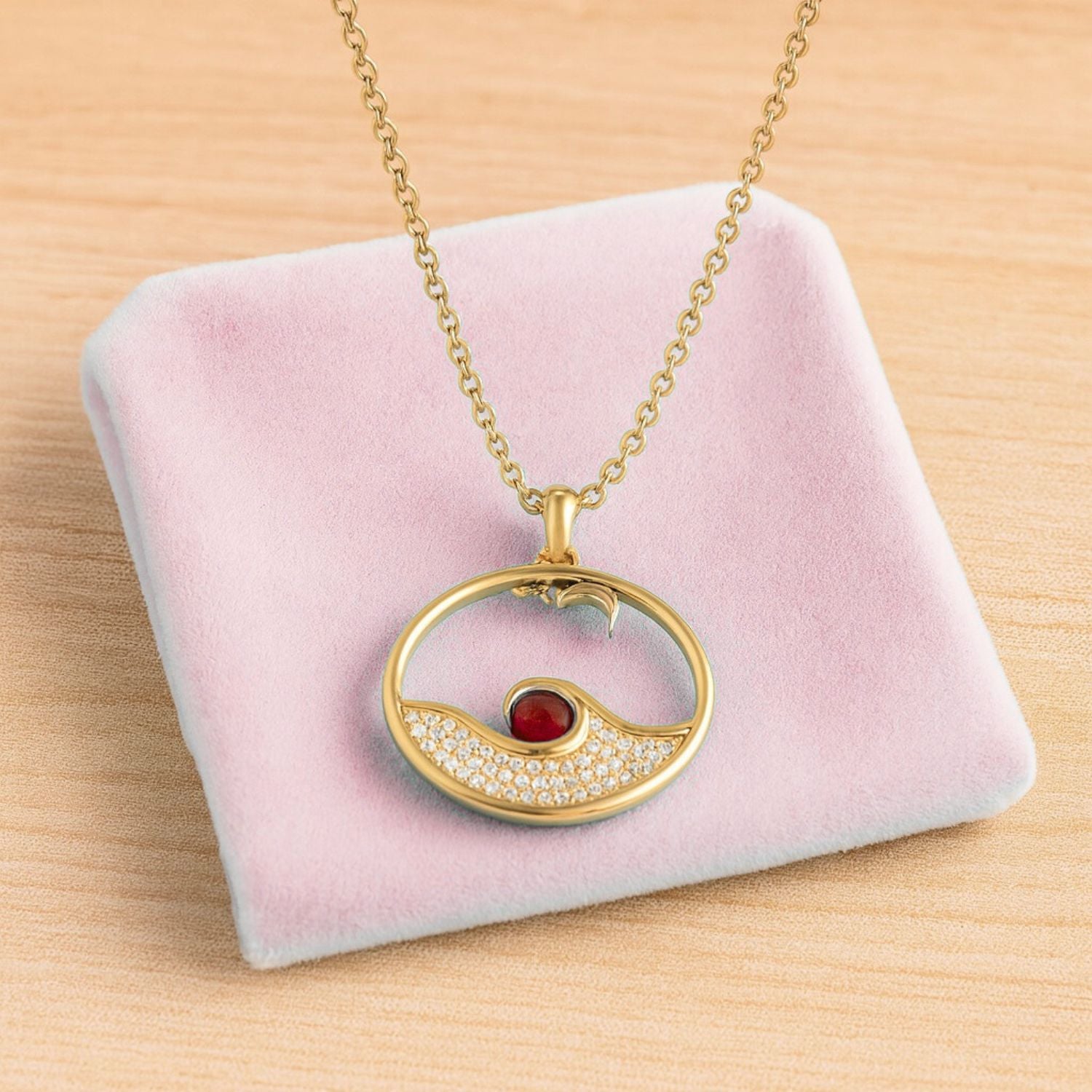 Ruby 0.25 Ct Round Ocean Wave Circle Necklace – 14k Yellow Gold