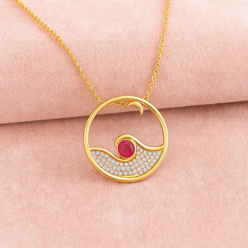 Ruby 0.25 Ct Round Ocean Wave Circle Necklace – 14k Yellow Gold