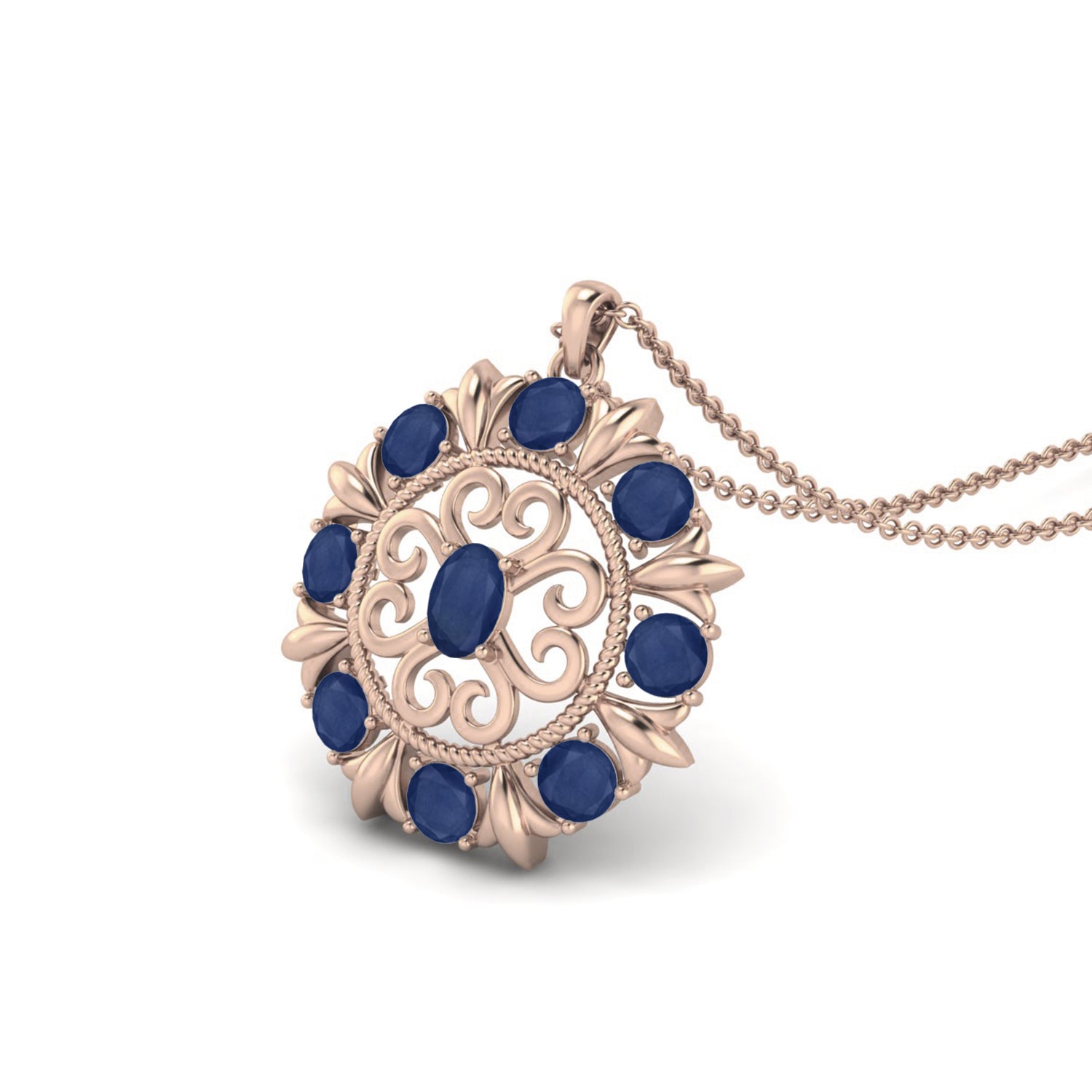 Blue Sapphire Regal Floral Pendant - Sterling Silver