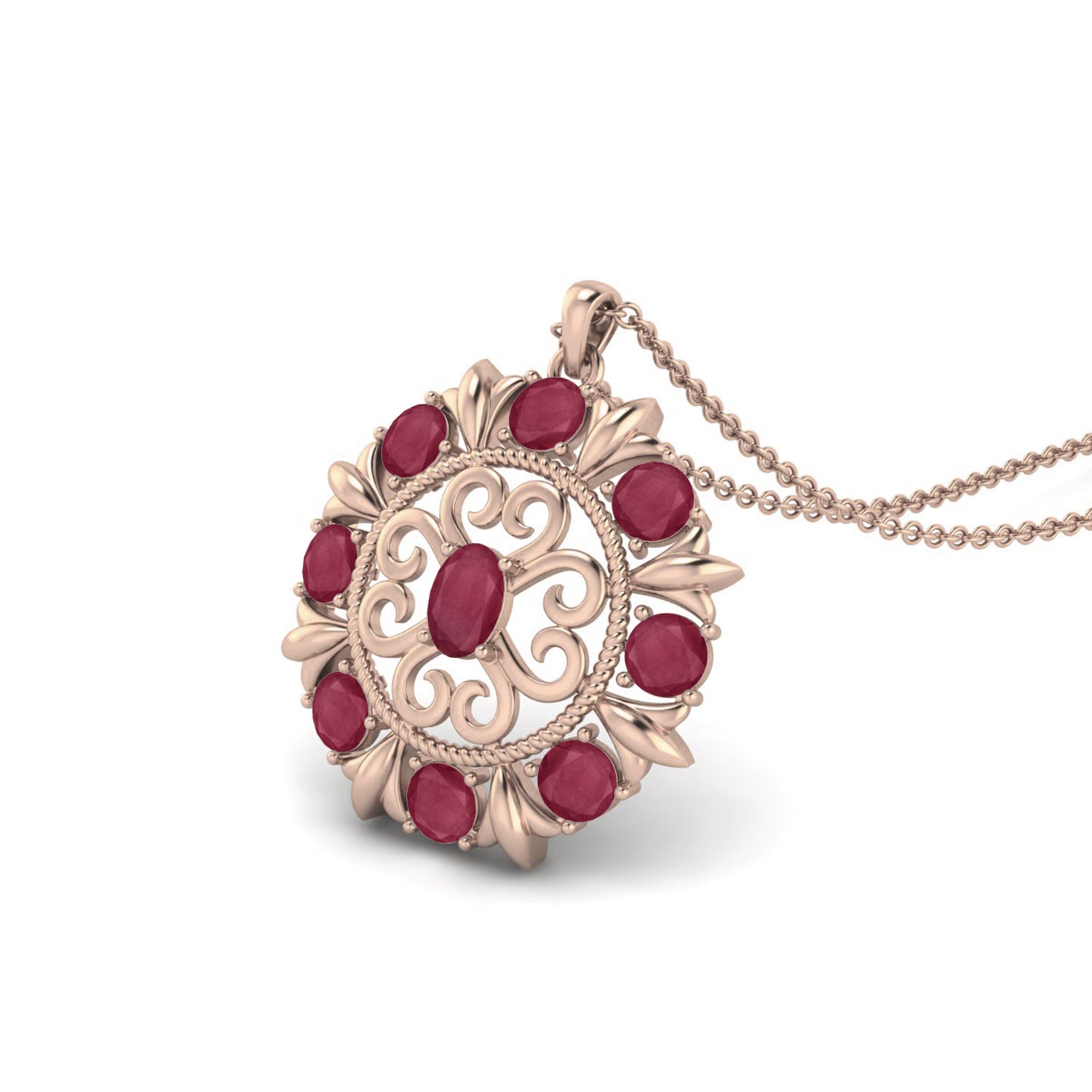 Ruby 6.20 Ct Oval Vintage Floral Medallion Necklace – 14k Yellow Gold