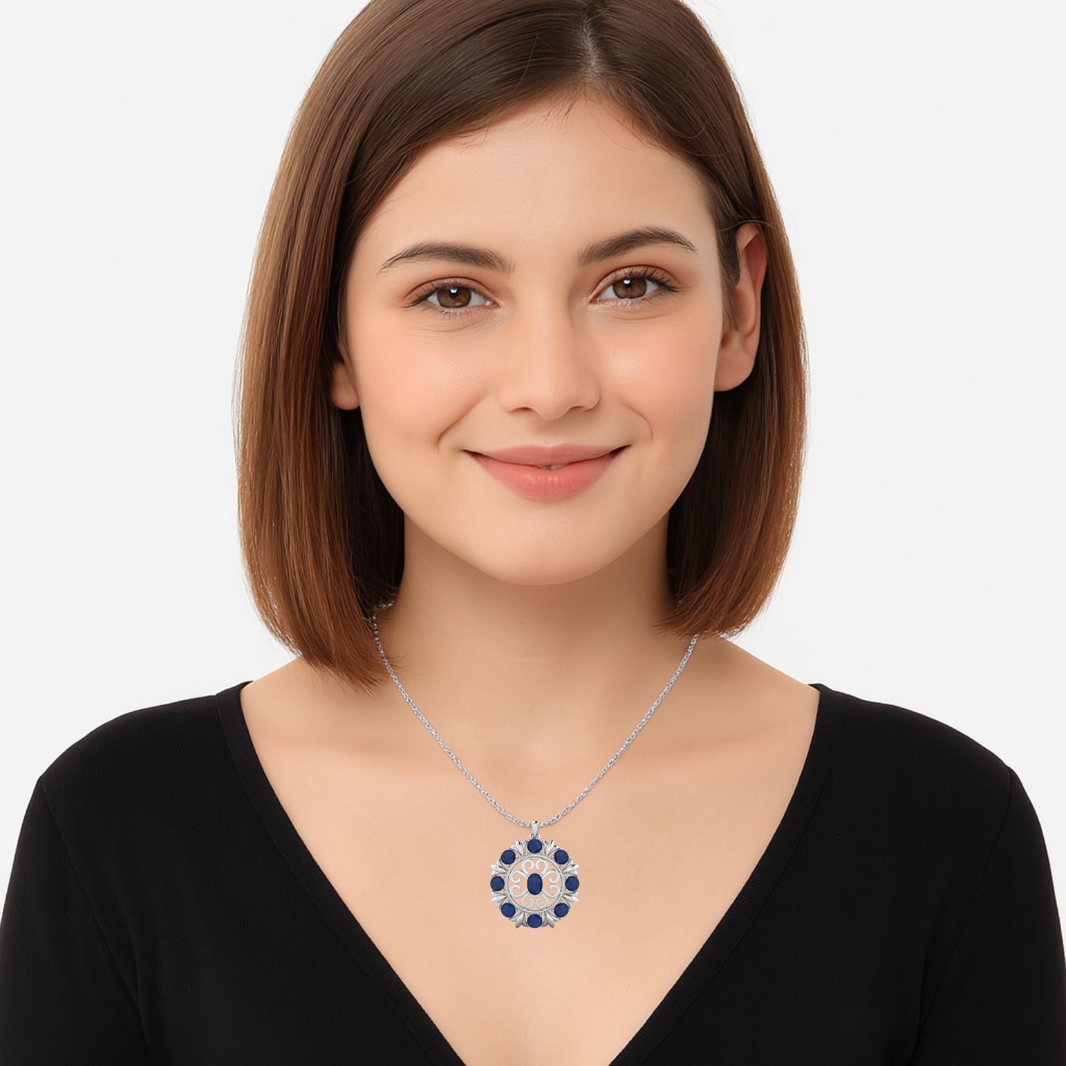Blue Sapphire Scrollwork Design Pendant - Sterling Silver