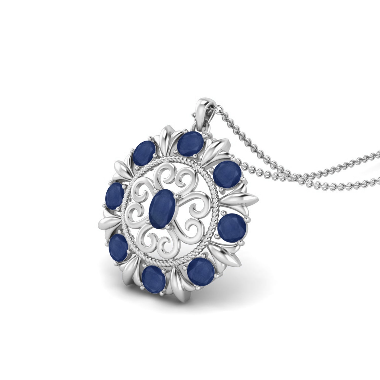 Blue Sapphire Regal Floral Pendant - Sterling Silver