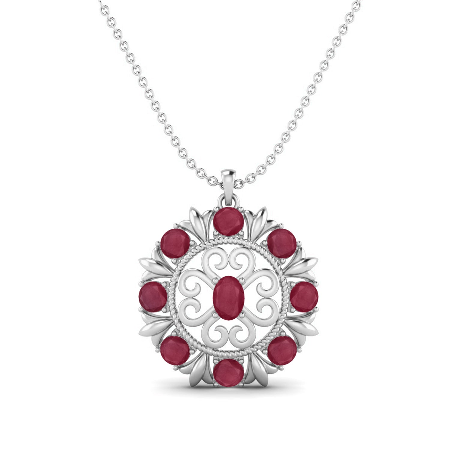 Ruby 6.20 Ct Oval Vintage Floral Medallion Necklace – 14k Yellow Gold