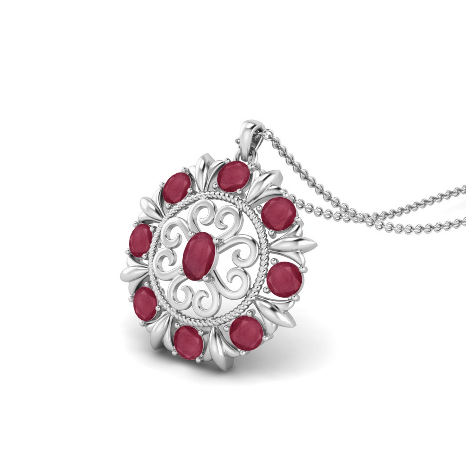 Ruby 6.20 Ct Oval Vintage Floral Medallion Necklace – 14k Yellow Gold