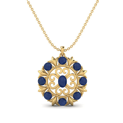 Art Deco Filigree Design Necklace For Women Blue Sapphire Gemstone 9k Yellow Gold Vermeil Floral Style Wedding Pendant Statement Necklace