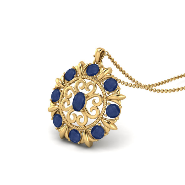 Art Deco Filigree Design Necklace For Women Blue Sapphire Gemstone 9k Yellow Gold Vermeil Floral Style Wedding Pendant Statement Necklace