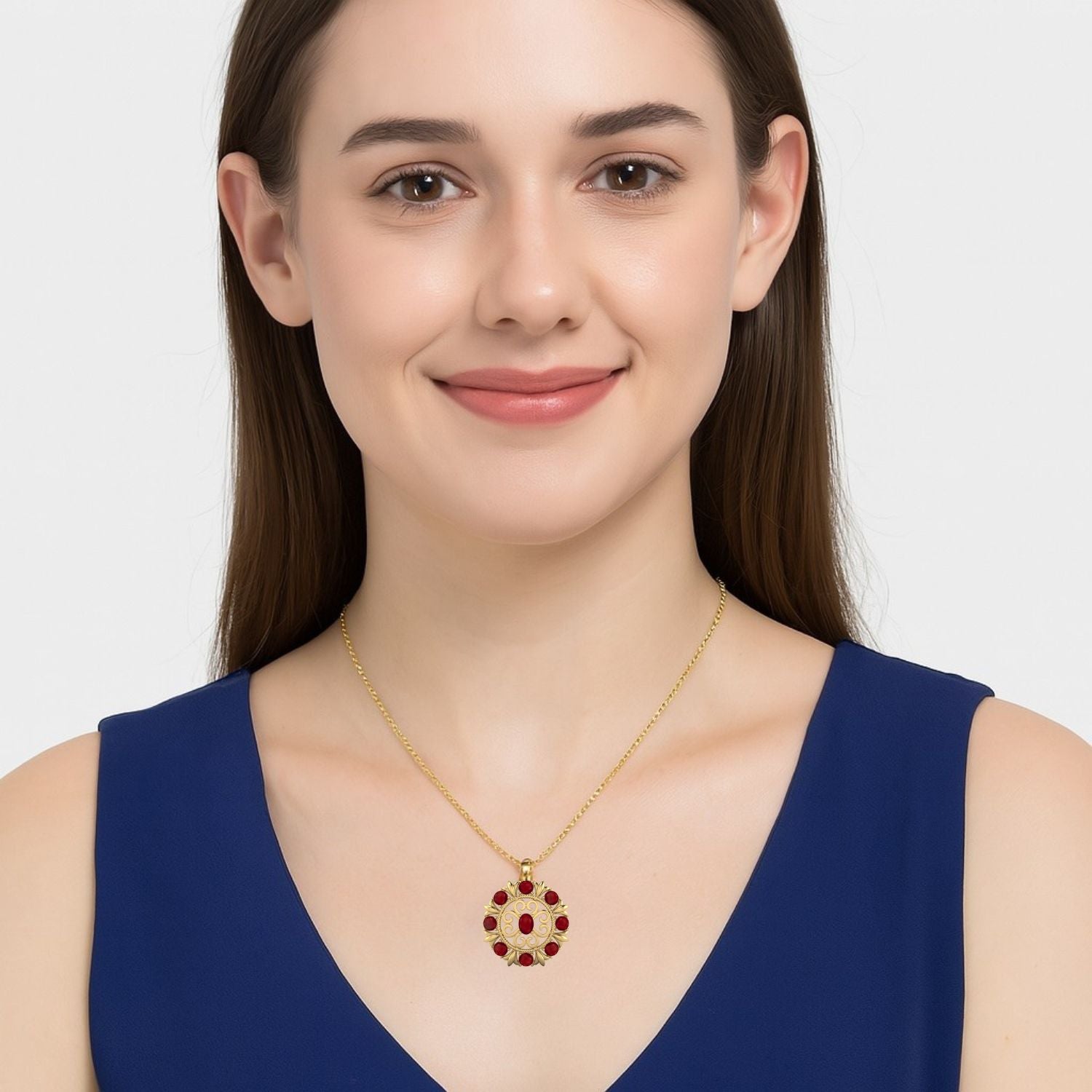Ruby 6.20 Ct Oval Vintage Floral Medallion Necklace – 14k Yellow Gold