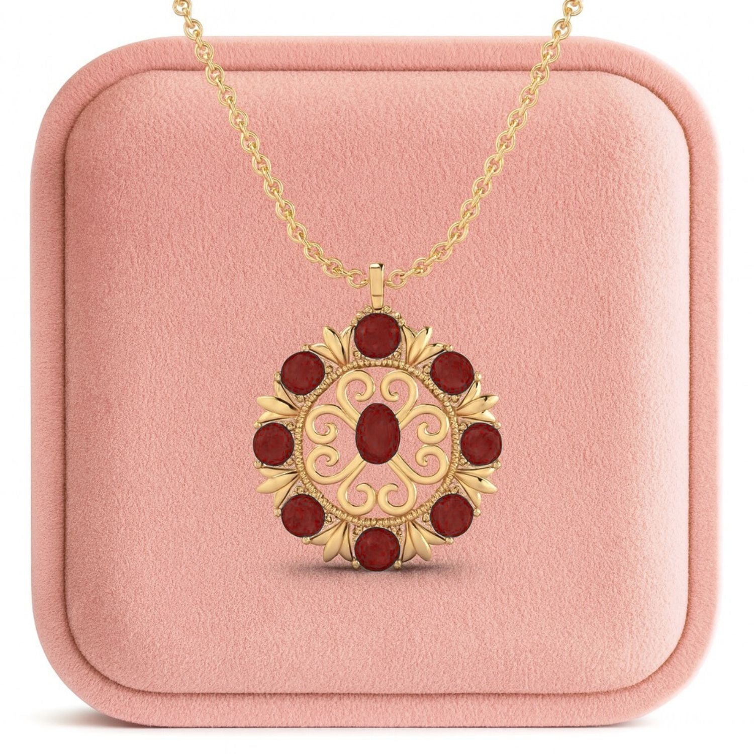 Ruby 6.20 Ct Oval Vintage Floral Medallion Necklace – 14k Yellow Gold