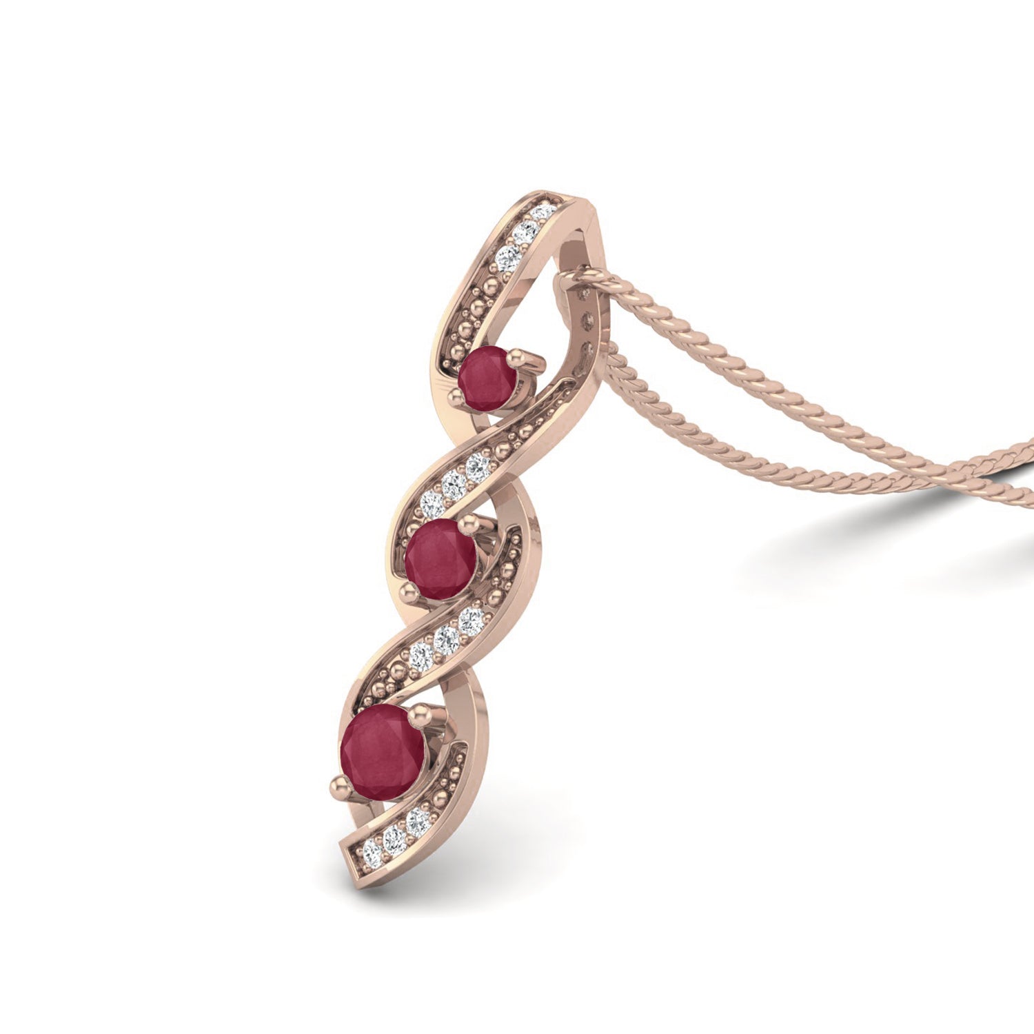 Ruby 0.40 Ct Round Triple Stone Swirl Necklace - 14k Yellow Gold