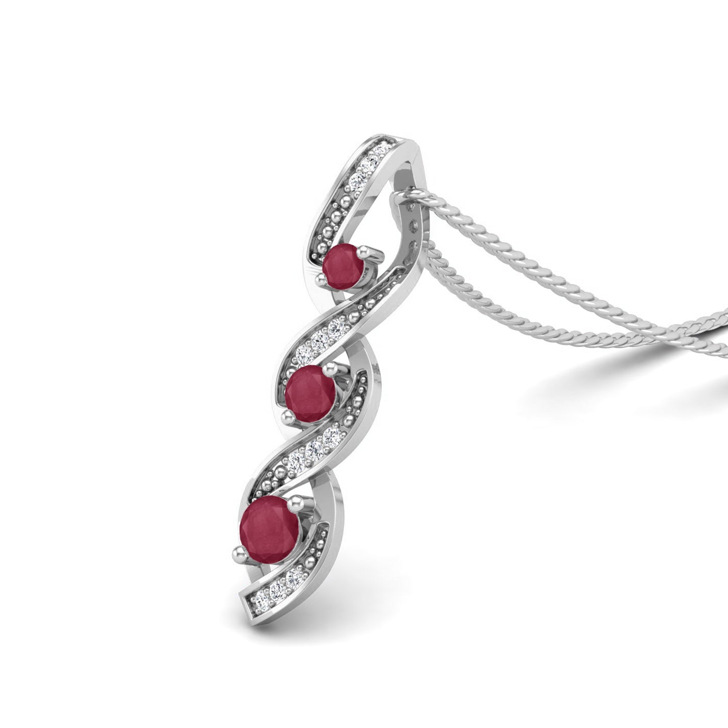Ruby 0.40 Ct Round Triple Stone Swirl Necklace - 14k Yellow Gold