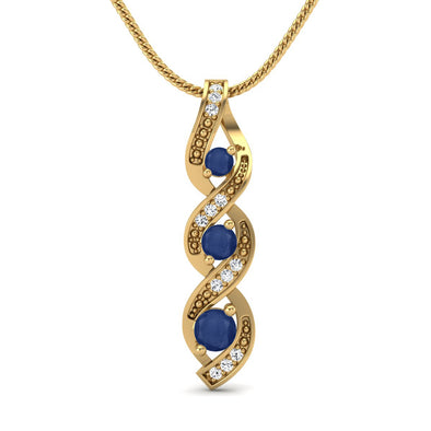 Round Cut Blue Sapphire Gemstone Wrapped Three Stone Necklace For Women 9K Yellow Gold Spiral Wedding Pendant Necklace For Wife
