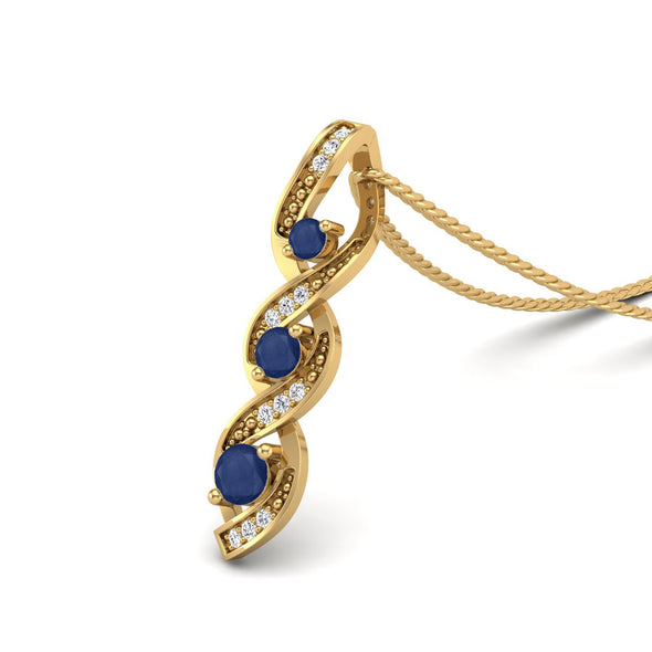 Round Cut Blue Sapphire Gemstone Wrapped Three Stone Necklace For Women 9K Yellow Gold Spiral Wedding Pendant Necklace For Wife