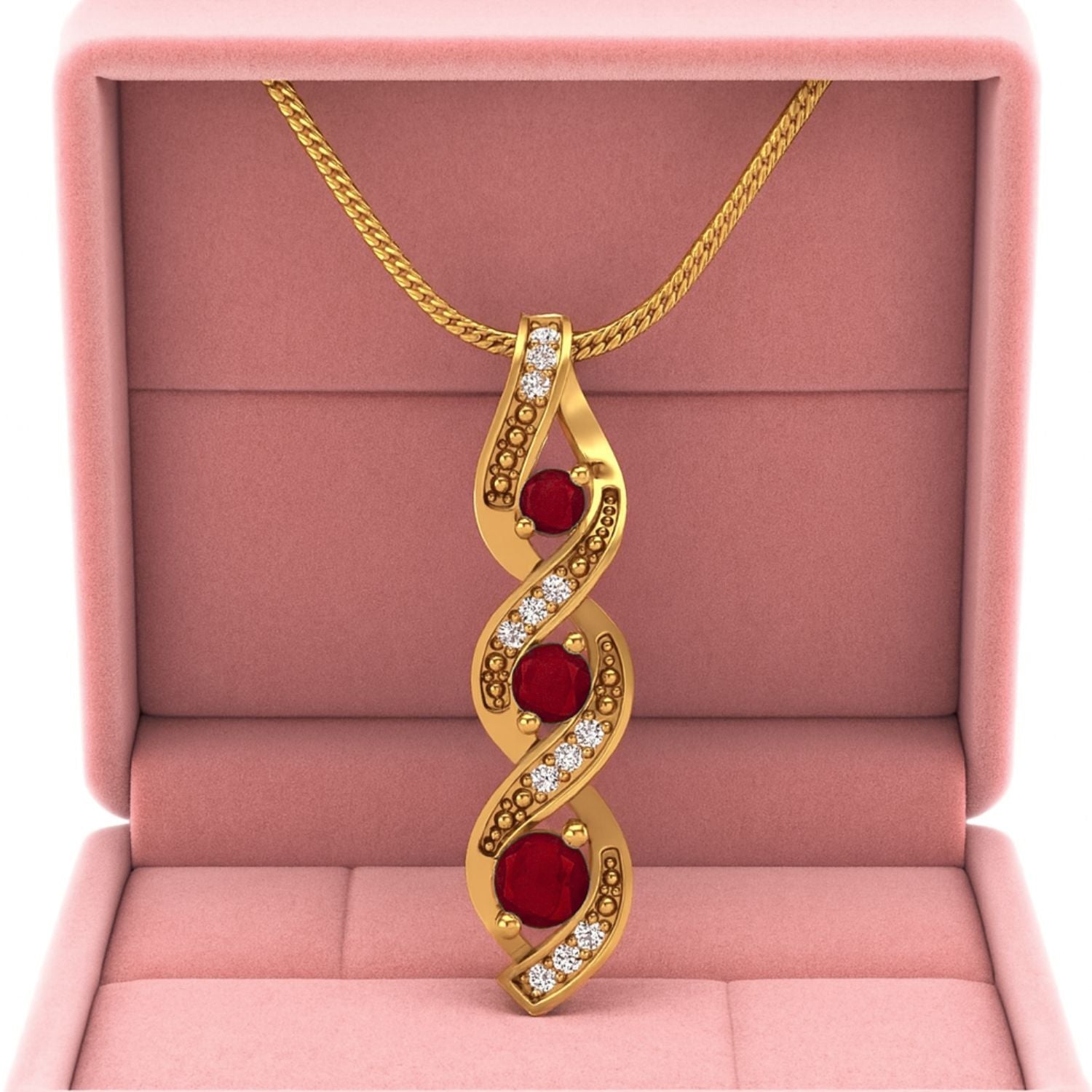 Ruby 0.40 Ct Round Triple Stone Swirl Necklace - 14k Yellow Gold