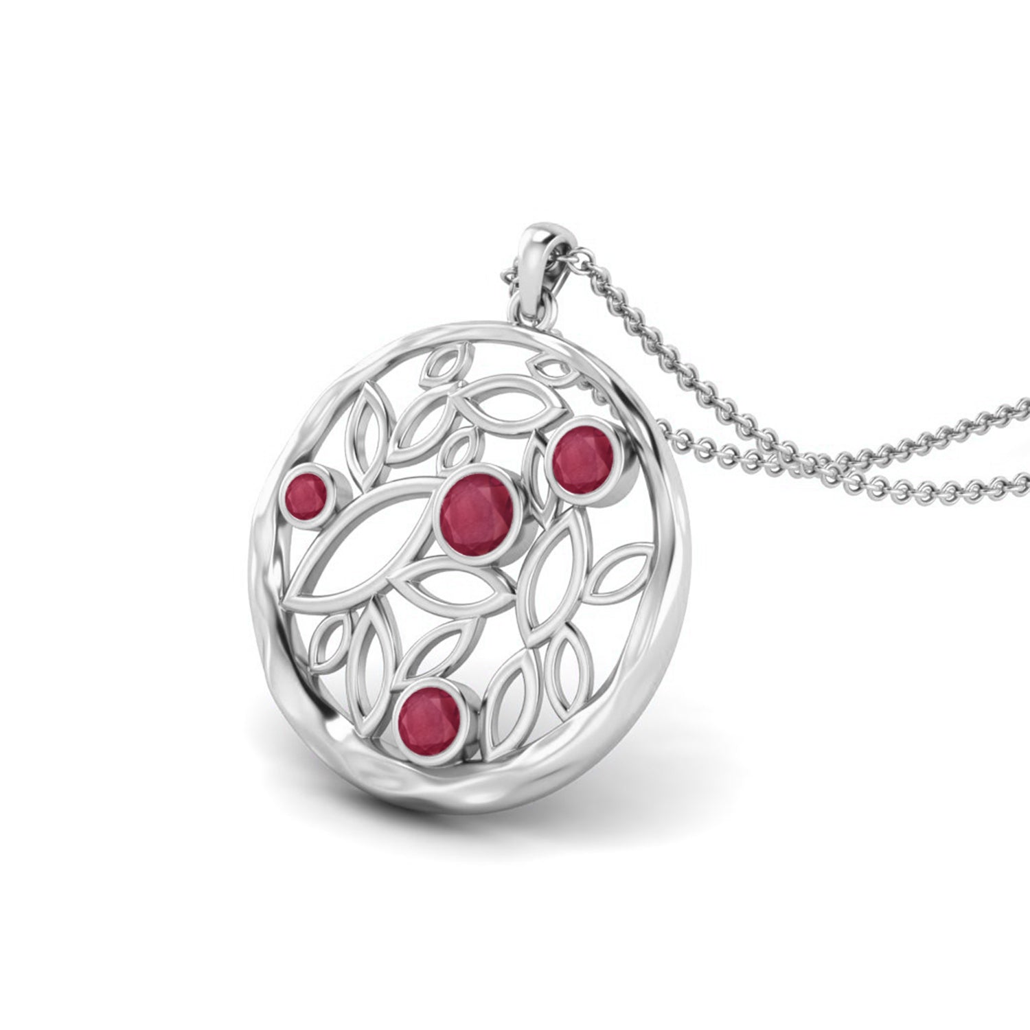 Ruby 1.50 Ct Round Nature-Inspired Leaf Motif Necklace - 14k Yellow Gold