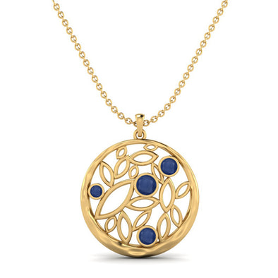 Round Cut Blue Sapphire Gemstone Filigree Pendant Necklace For Women and Teen Girls 9k Yellow Gold Necklace Gift