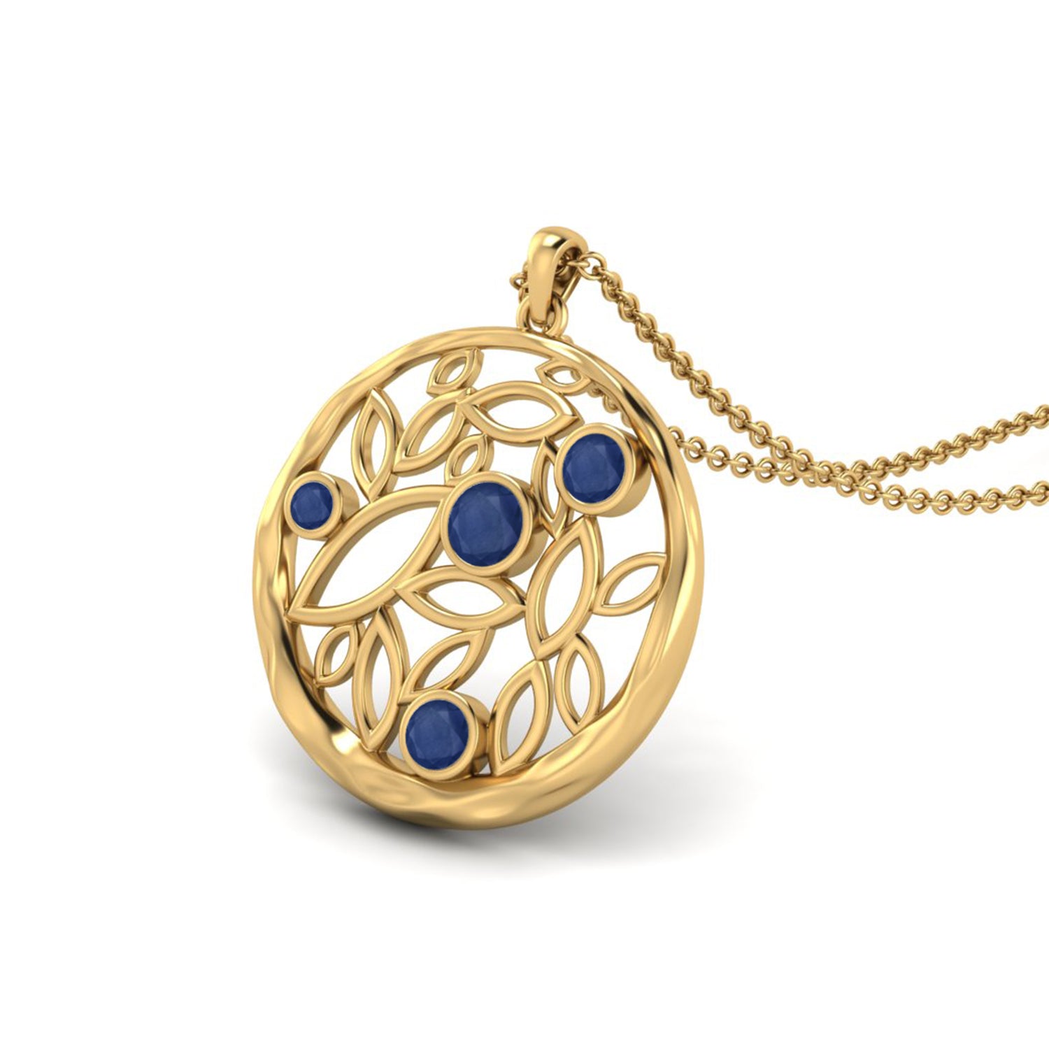 Blue Sapphire Leaf Filigree Pendant - 9K Yellow Gold