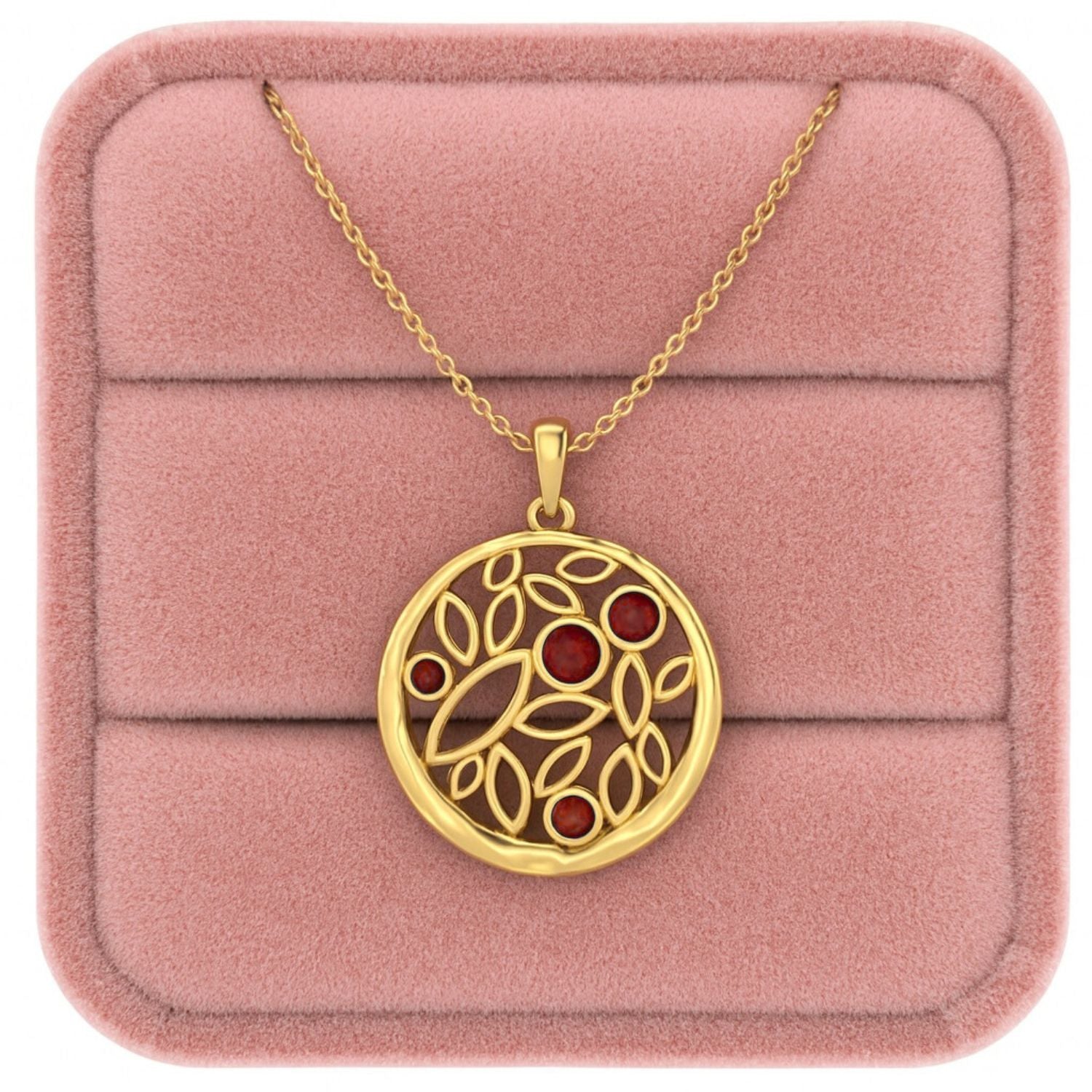 Ruby 1.50 Ct Round Nature-Inspired Leaf Motif Necklace - 14k Yellow Gold