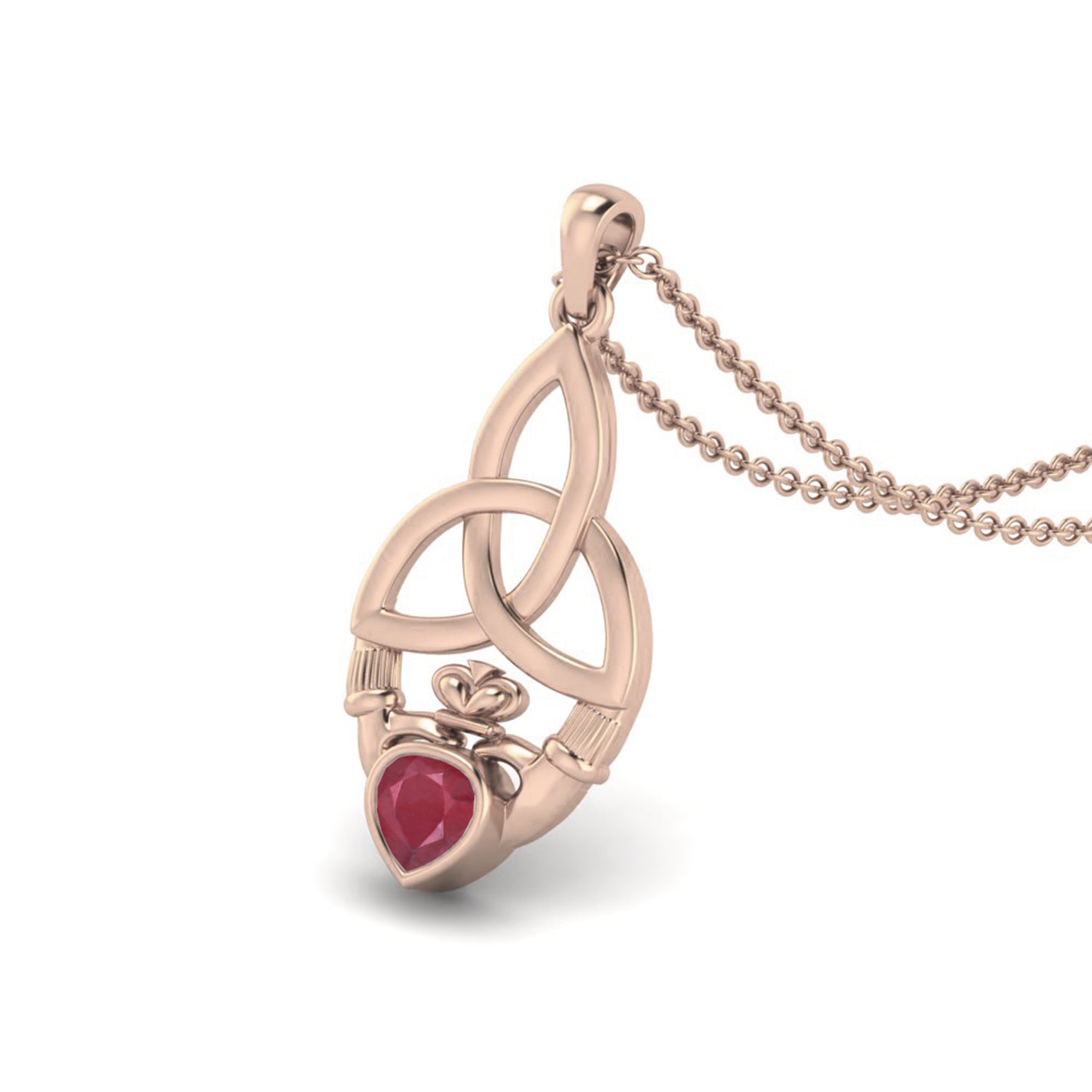 Ruby 0.25 Ct Heart Celtic Claddagh Knot Necklace – 14k Yellow Gold