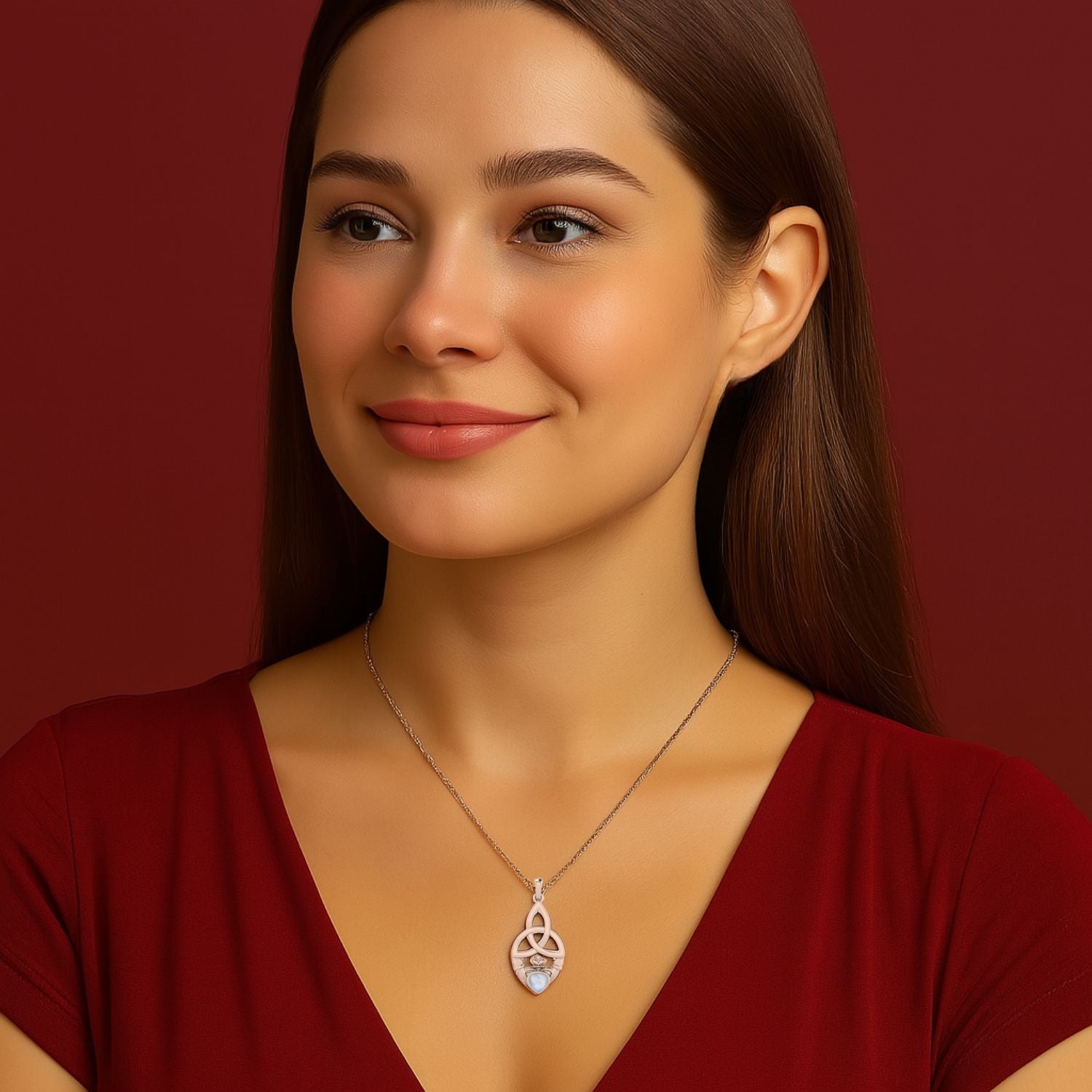 Moonstone Heart Claddagh Pendant - Sterling Silver