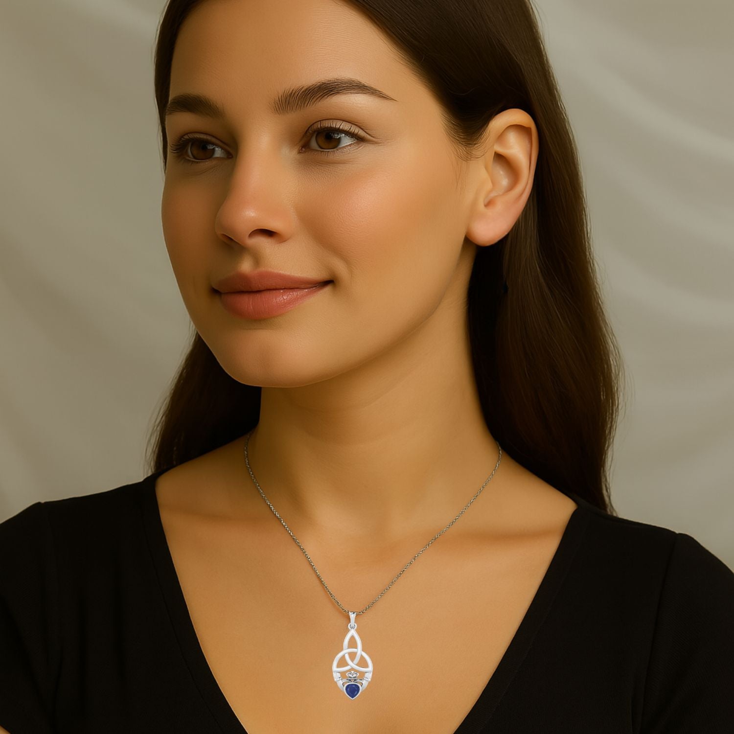 Blue Sapphire Heart Claddagh Pendant - Sterling Silver