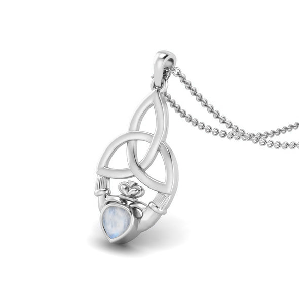 Heart Shape Moonstone Gemstone Claddagh Pendant Necklace 925 Sterling Silver Jewelry