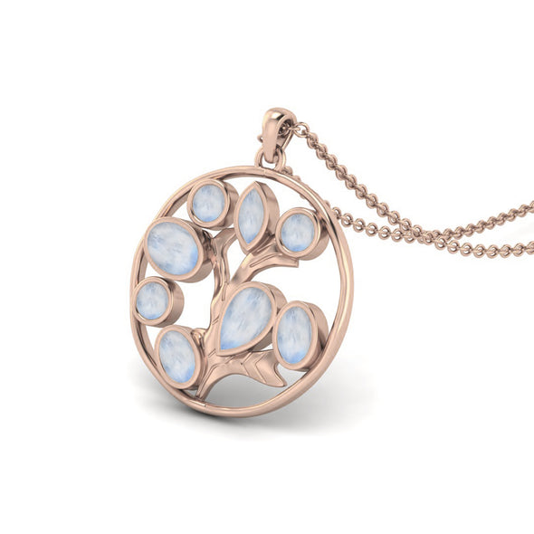 Round Shape Moonstone Life Tree Pendant Necklace Dainty Chain Pendant in 925 Sterling Silver