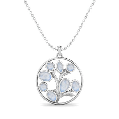 Round Shape Moonstone Life Tree Pendant Necklace Dainty Chain Pendant in 925 Sterling Silver