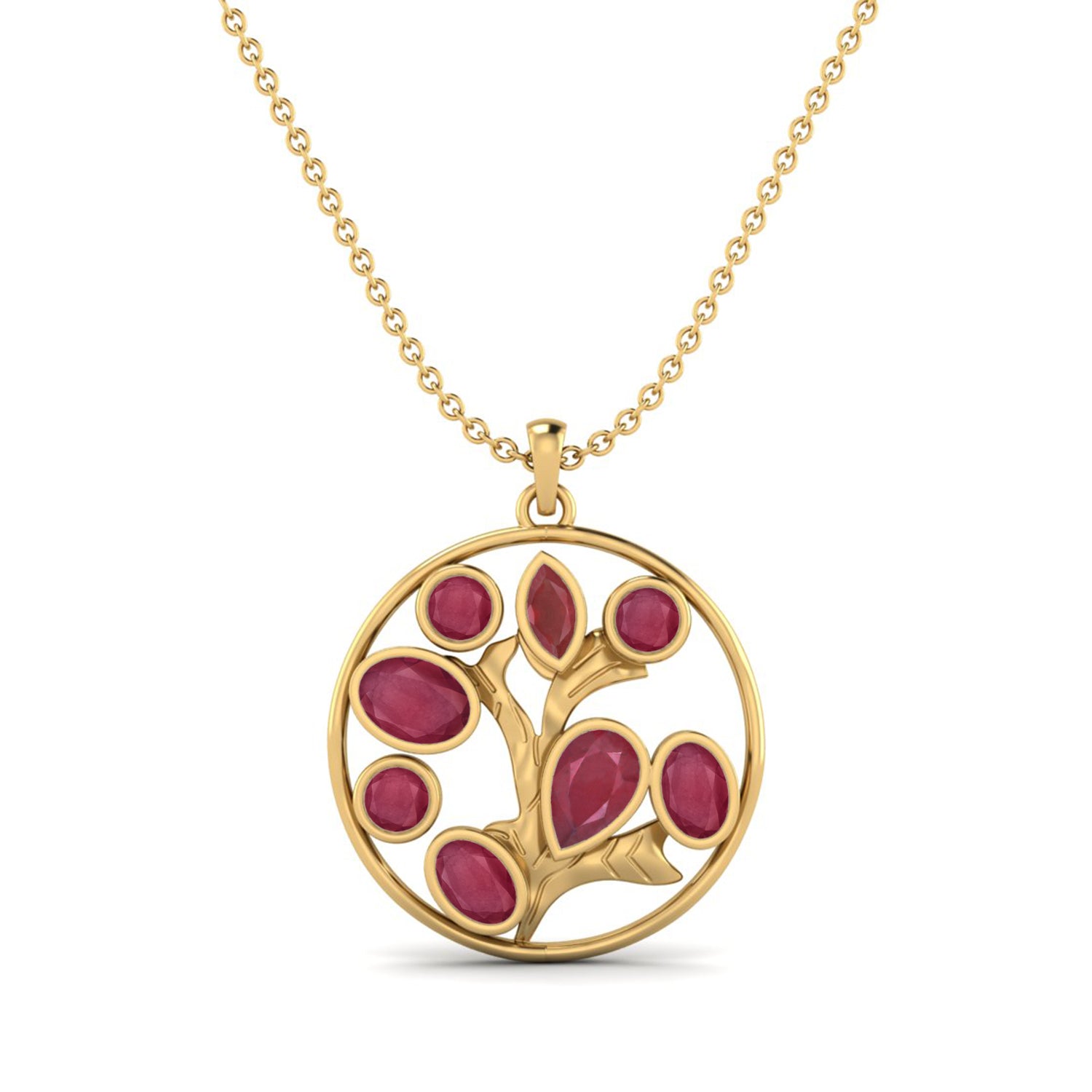 Ruby 1.00 Ct  Pear Tree of Life Necklace – 14k Yellow Gold