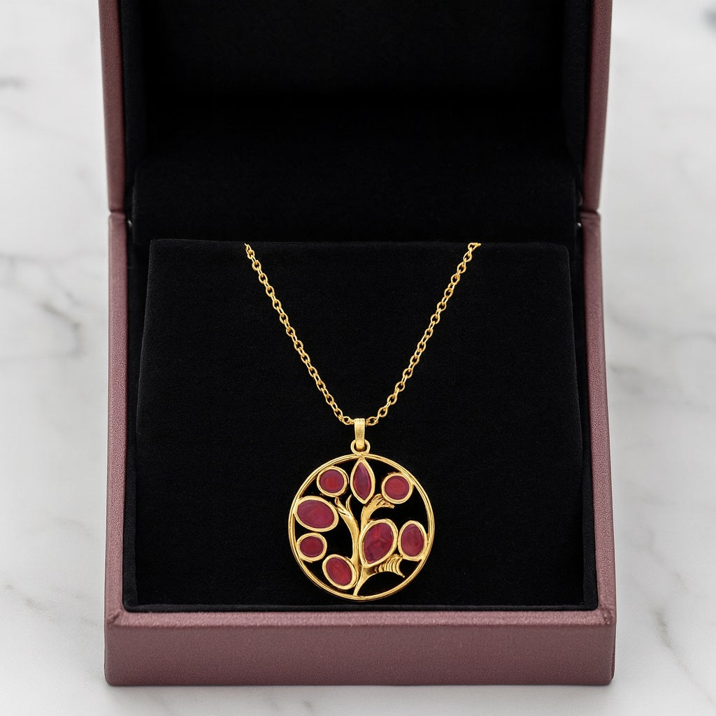 Ruby 1.00 Ct  Pear Tree of Life Necklace – 14k Yellow Gold