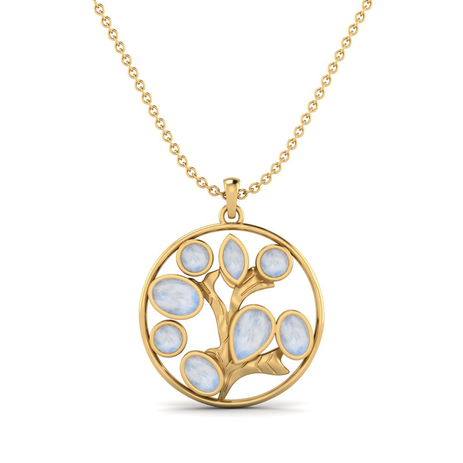 Moonstone  3.82 Ct Oval Tree of Life Necklace – 14K Yellow Gold