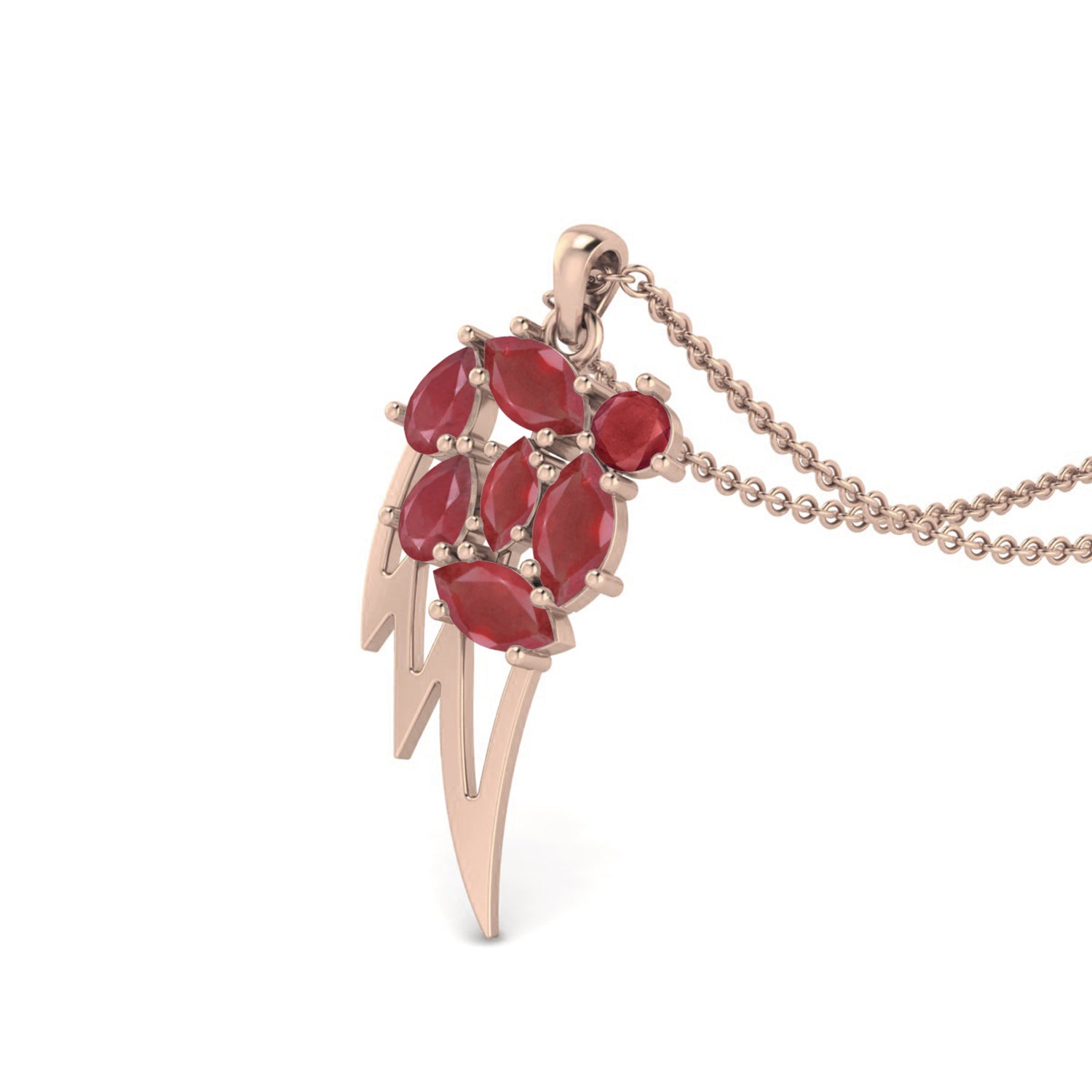 Ruby 3.90 Ct Marquise Abstract Wing Cluster Necklace – 14k Yellow Gold