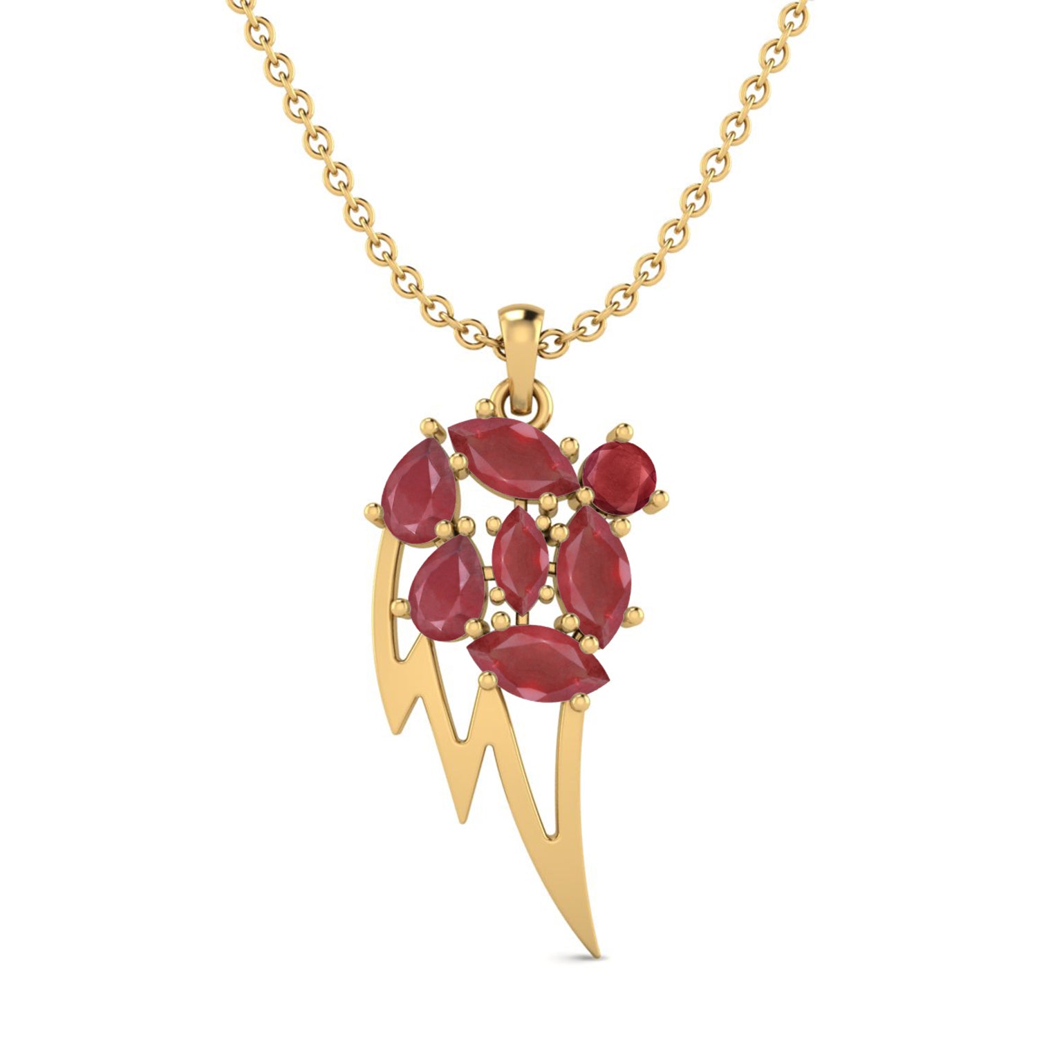 Ruby 3.90 Ct Marquise Abstract Wing Cluster Necklace – 14k Yellow Gold
