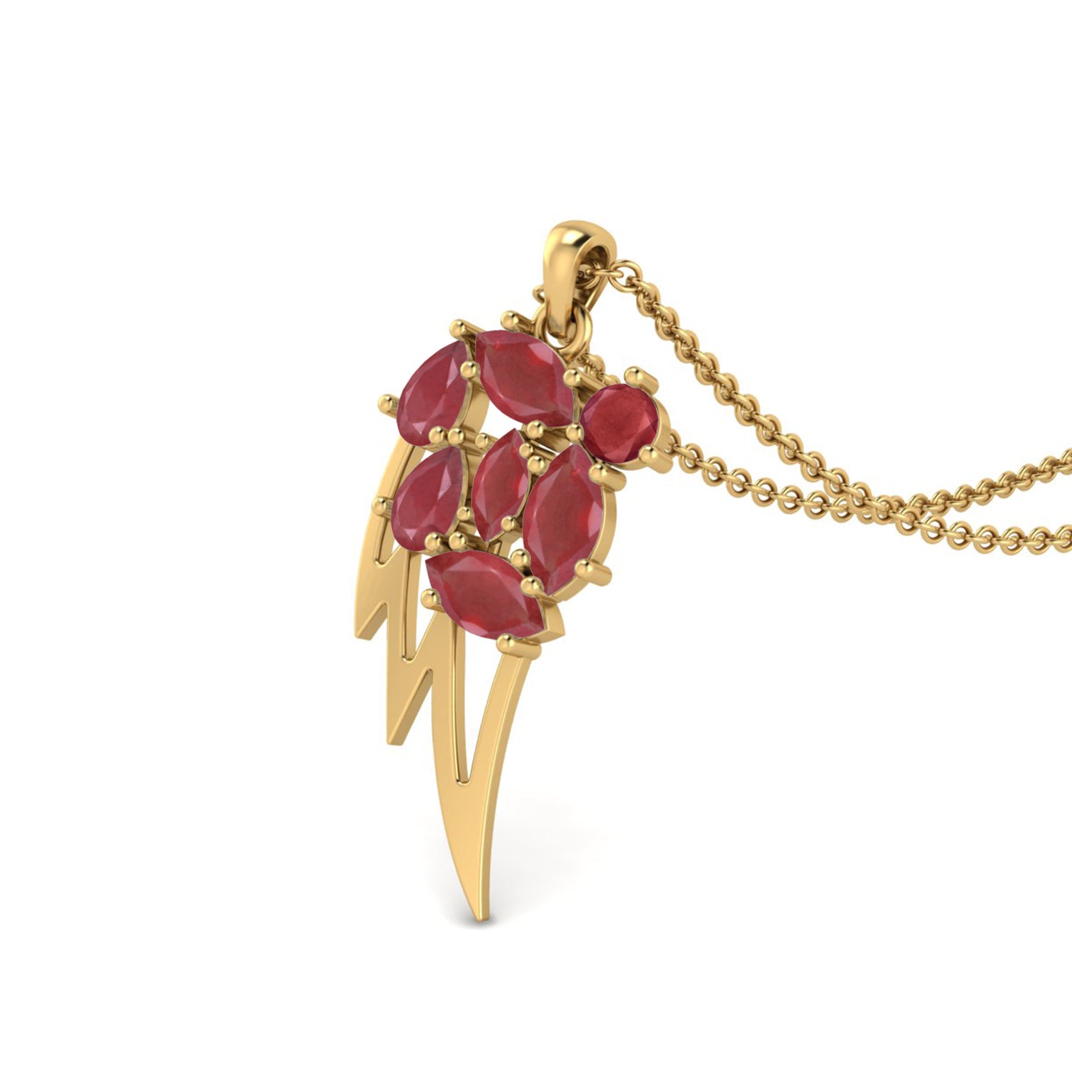 Ruby 3.90 Ct Marquise Abstract Wing Cluster Necklace – 14k Yellow Gold