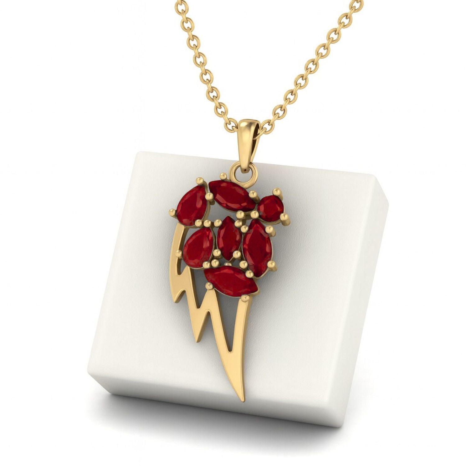 Ruby 3.90 Ct Marquise Abstract Wing Cluster Necklace – 14k Yellow Gold