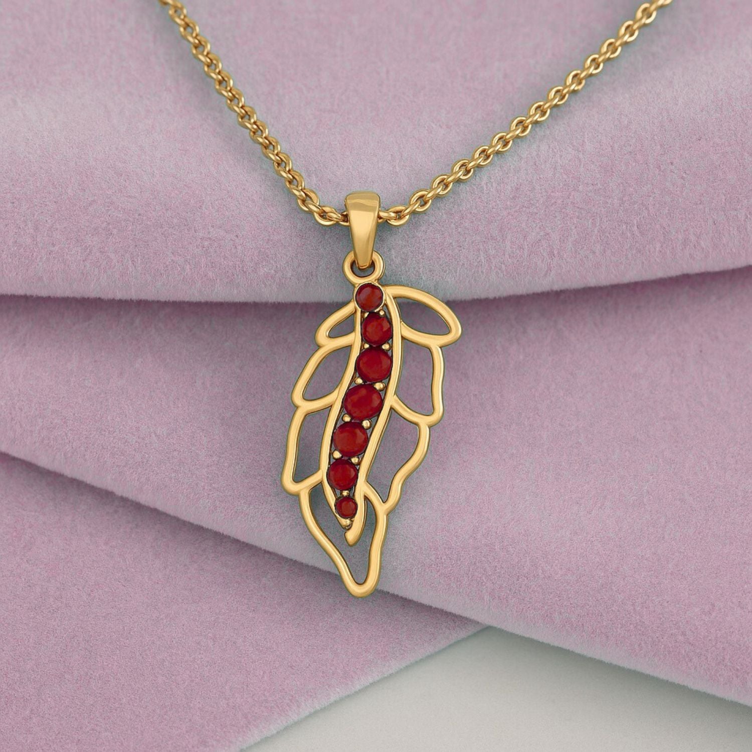 Ruby 1.05 Ct Round Leaf Vine Nature Necklace – 14k Yellow Gold