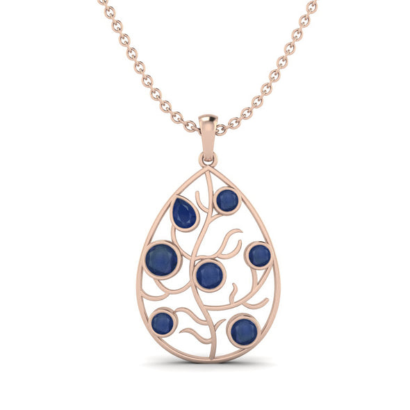 Natural Blue Sapphire Pear Shaped Open Filigree 925 Sterling Silver Pendant Necklace Dainty Tear Drop Pendant