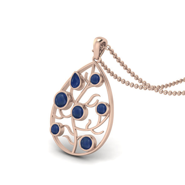 Natural Blue Sapphire Pear Shaped Open Filigree 925 Sterling Silver Pendant Necklace Dainty Tear Drop Pendant