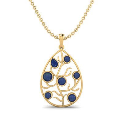 9k Yellow Gold Plated Pear Shape Blue Sapphire Open Filigree Necklace For Women Wedding Gift